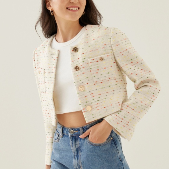 Jackets & Blazers - LUXURIOUS Cream Tweed Crop Jacket With Colorful Details And Gold Buttons NWT